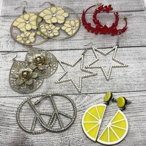 Bundle lot 6 fun whimsy playful statement earrings dangle drop hoops star peace.